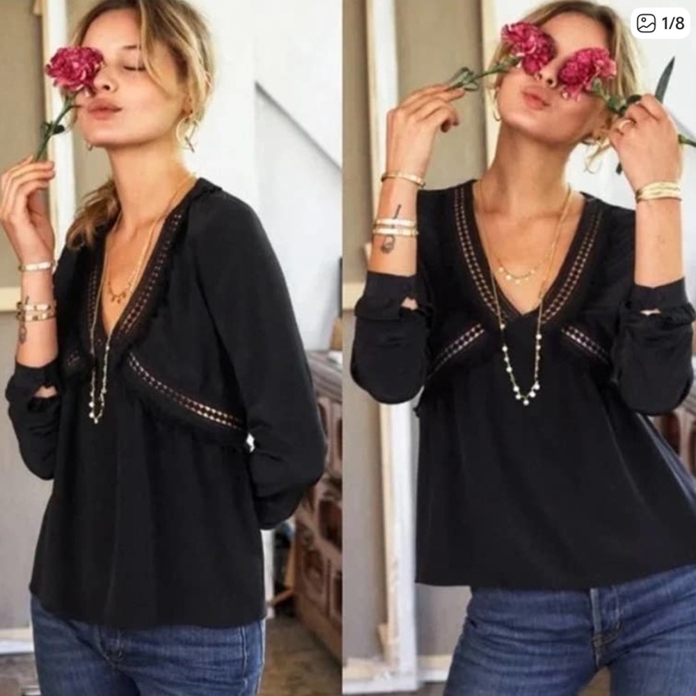 Sezane Zora Black Silk Blouse Lace Cutouts Trim Size 8